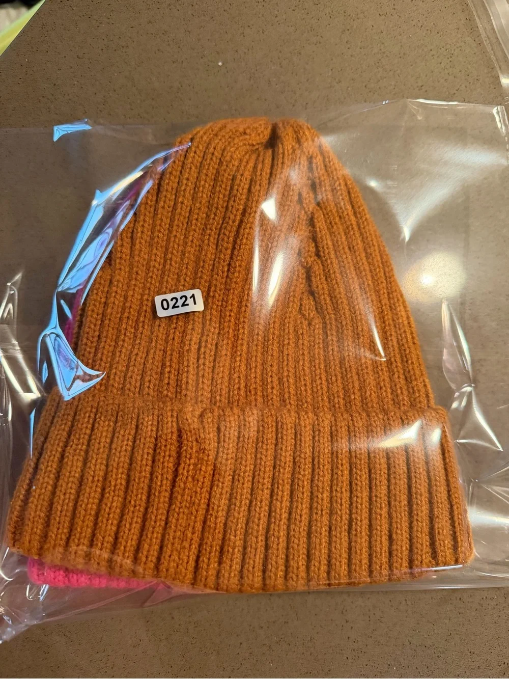 Kids Ribbed Knit Beanie Set - Pink & Orange